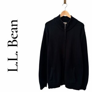 L.L. Bean Men’s XL Black Full Zip Knit Sweater Suede Elbow Patches Classic